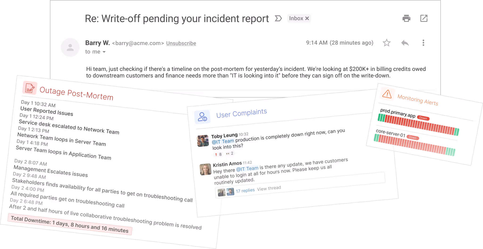 Example incident email thread showing the impact of downtime